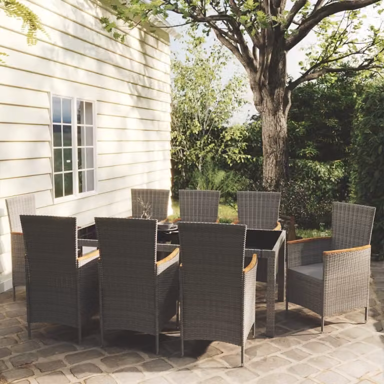 The Living Store Set da pranzo da giardino 9 pezzi con cuscini in poly rattan grigio