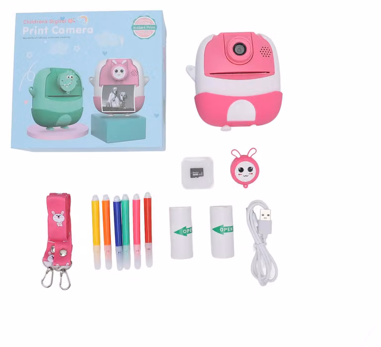 Fotocamera istantanea, 2,0 pollici, 24 MP, 1080p, registrazione video ad alta risoluzione, stampa in stile cartone animato, per bambini e studenti, modello a forma di coniglio