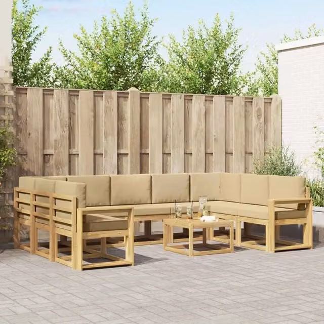 Set di divani da esterno a forma di U vidaXL in legno di acacia con cuscini bianco, beige e marrone – 1