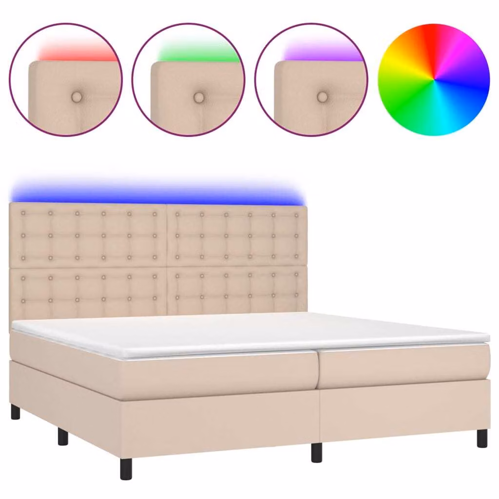 Giroletto Molle Materasso e LED Cappuccino 200x200cm Pelle finta