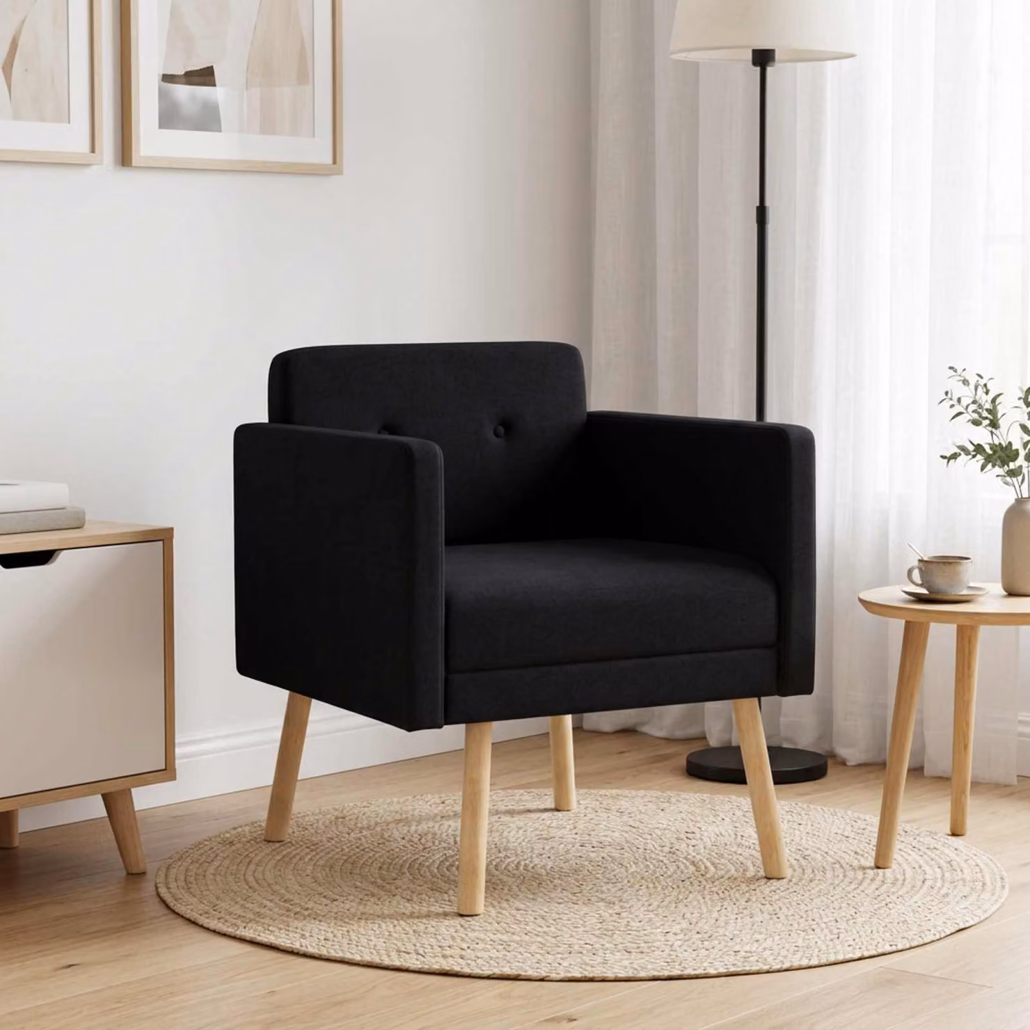 Sedia d'accento moderna vidaXL in tessuto nero con braccioli e struttura in legno di gomma
