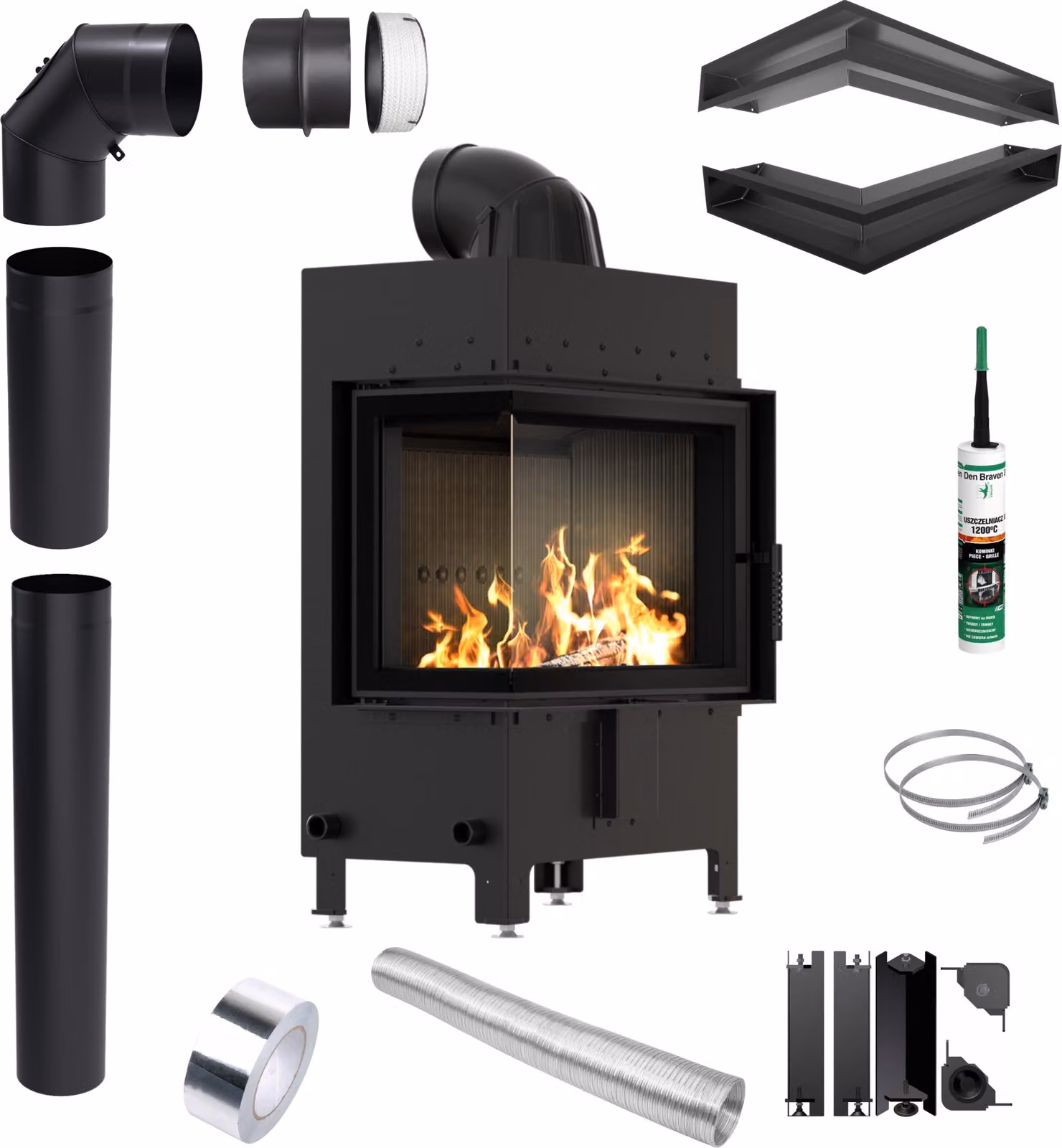 Camino KRATKI LUCY Sinistro 12 kW Ø200 Nero Forni Lufty Set con coda di rondine