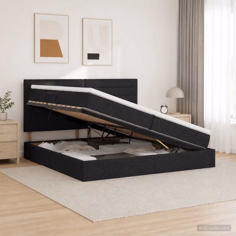 Letto con contenitore e materasso vidaXL in tessuto nero L 200 cm x P 200 cm x H 140 cm