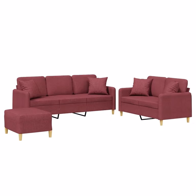 SYFAX™ Set di Divani 3 pz con Cuscini Rosso Vino in Tessuto