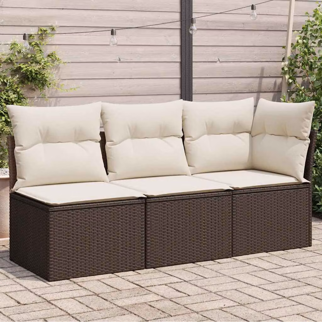 vidaXL Divano da Giardino Moderno a 3 Posti con Cuscini, Struttura in Metallo e Polyrattan, Marrone e Bianco