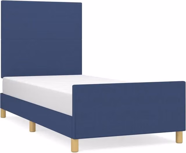 Letto singolo per adulti in tessuto blu con struttura in legno di larice e doghe, L/P/H: 90 x 200 x 93 cm – 1