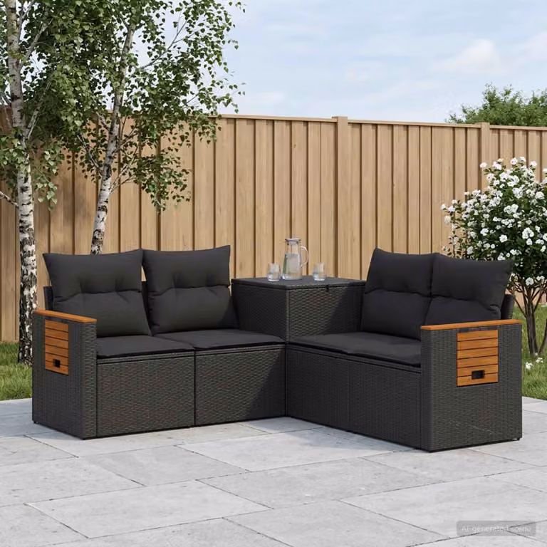 Set di divani da giardino vidaXL a forma di L in polyrattan nero con cuscini inclusi