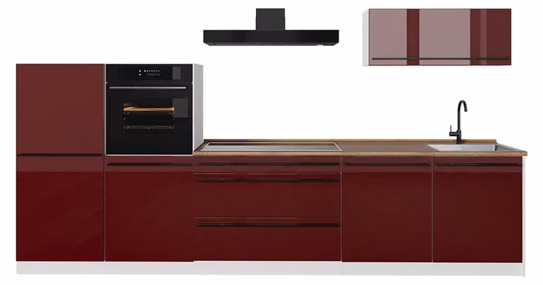 Cucina componibile Vicco R-Line Rosso lucido/Bianco 340 cm piano di lavoro Rovere dorato, Model 66542