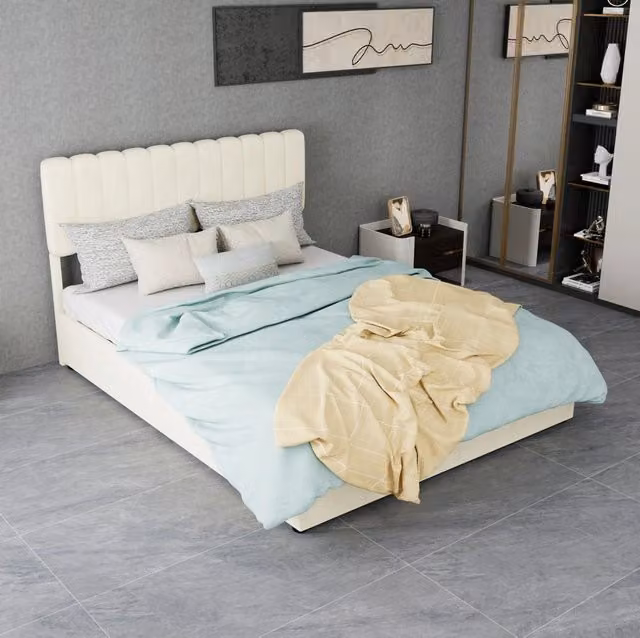 Letto imbottito 140x200 cm in velluto beige con materasso incluso