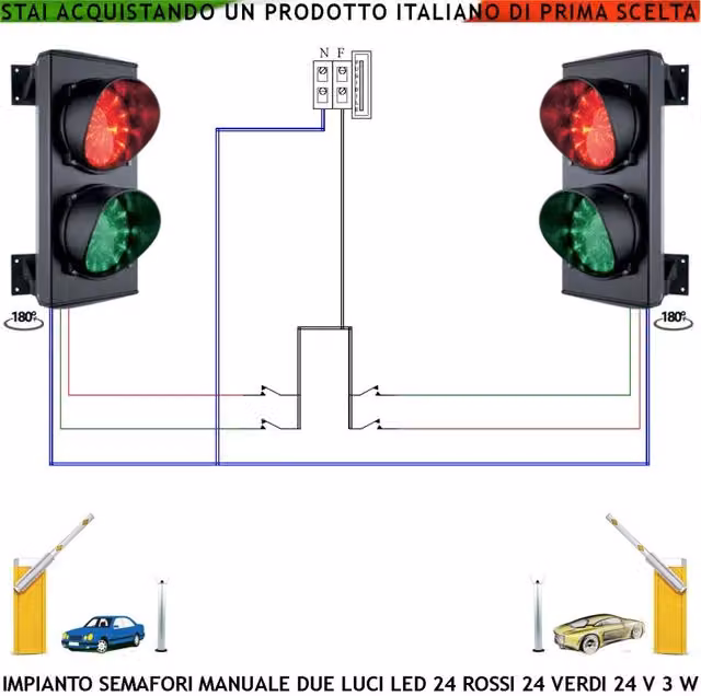 Sistema di controllo per autolavaggi Securvera con funzione manuale, 2 semafori con 24 LED rossi e 24 LED verdi, frontalino in vetro con luce puntiforme Ø 124 mm, orientabile 180 gradi, protezione IP65, colore nero