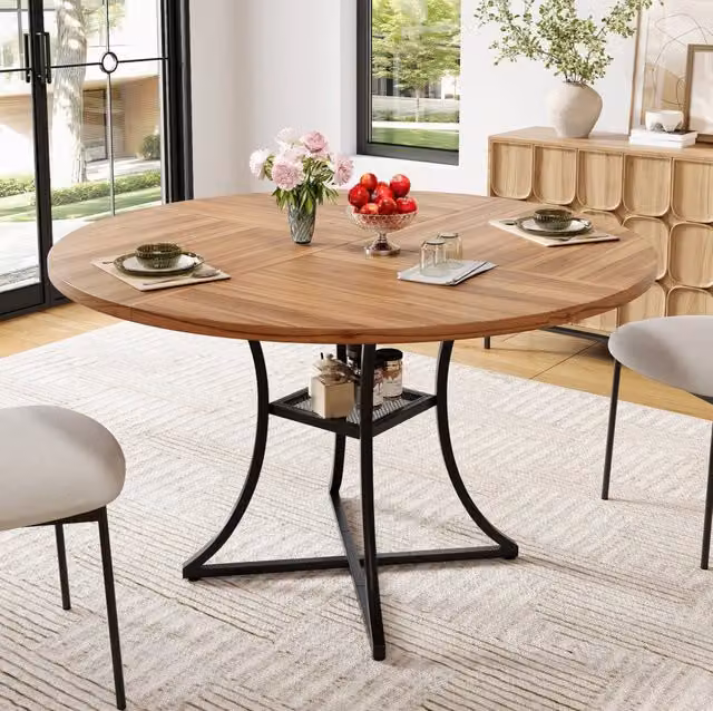 Tavolo da Pranzo Rotondo 100 cm con Piano MDF Effetto Noce e Struttura Metallica Nera a X, con Ripiano Integrato