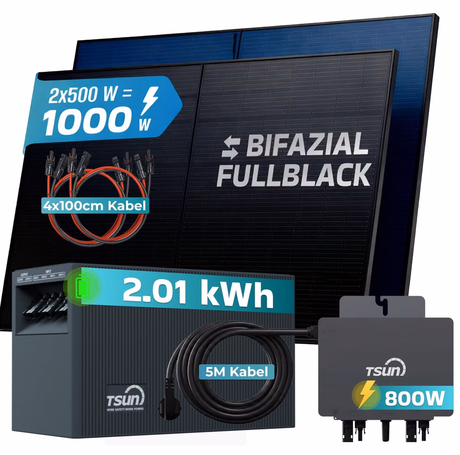 SUNNIVA® Impianto fotovoltaico da balcone da 1000W con sistema di accumulo da 2,01 kWh, modello TSUN SOLARCAN TSOL-DCU2000Lite, 2 pannelli da 500W bifacciali full black, completo di presa di corrente, sistema di accumulo solare