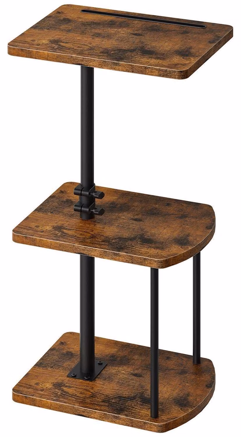 Tavolino laterale, altezza regolabile da 44 a 78 cm, forma a "C" con supporto per tablet girevole a 360°, aspetto legno, struttura in metallo