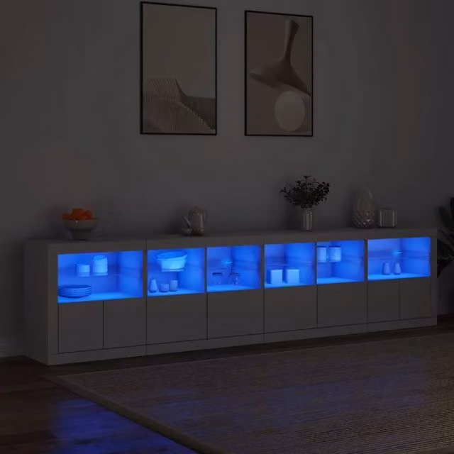 Credenza con Luci LED-Buffet-Armadio da cucina Bianca 283x37x67 cm