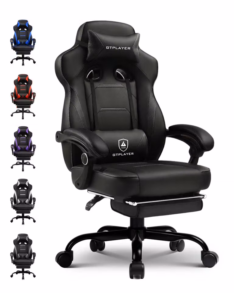Sedia da gaming GTPLAYER con poggiapiedi, sedia da ufficio ergonomica con capacità di carico di 150 kg, poltrona da gaming con supporto lombare e poggiatesta, sedia da computer regolabile in altezza