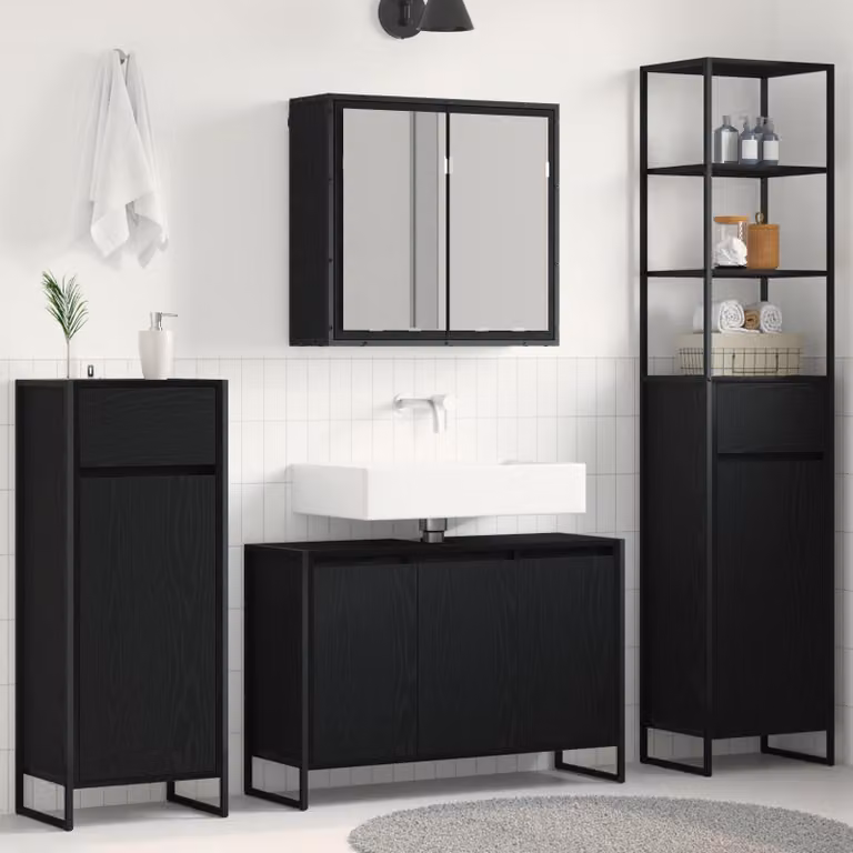 Set di mobili per il bagno moderno vidaXL in legno e metallo nero opaco con vanità, armadietto a muro e specchio con illuminazione LED