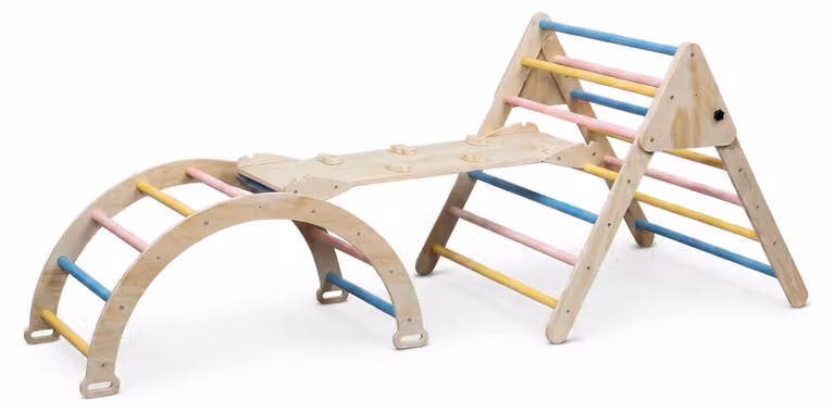 Buxibo XXL Struttura di arrampicata - Triangolo pieghevole + arco di arrampicata + scivolo - Parco giochi montessoriano in legno - Pastello - 210x83x81cm