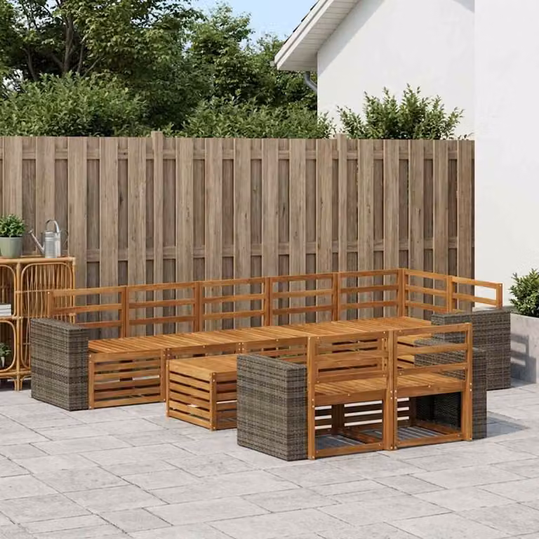 vidaXL Set di divani da esterno moderno a L composto da 9 pezzi in legno di acacia con cuscini in poliestere resistente ai raggi UV, colore marrone e bianco