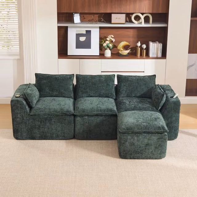 Divano 3 Posti con Poggiapiedi e Cuscini ¨C MINIMAL ¨C Verde Scuro, Chenille, Contenitore
