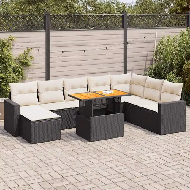 Set Divani da Giardino 9 pz con Cuscini Nero in Polyrattan 3327073
