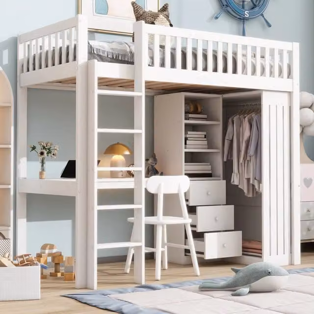 Letto a soppalco 90 x 200 cm con scrivania, armadio, 3 cassetti, contenitore aperto, spondine, scala, senza materasso - Bianco