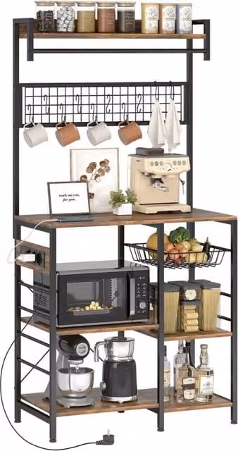 Scaffale da cucina HOMCOM in stile industriale marrone con luci LED integrate e barra appendiastoviglie L 80 cm, P 42 cm, H 162 cm