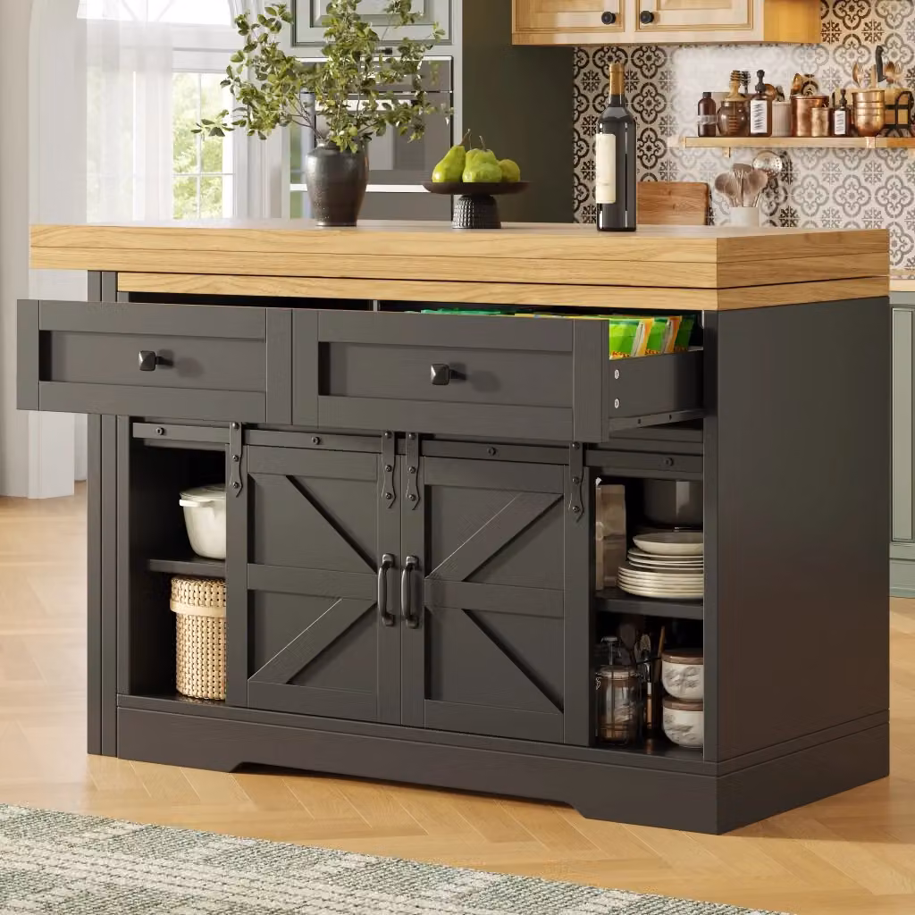 Tavolo Isola da Cucina Estraibile e Rotante REDOM in MDF Nero Opaco – 2