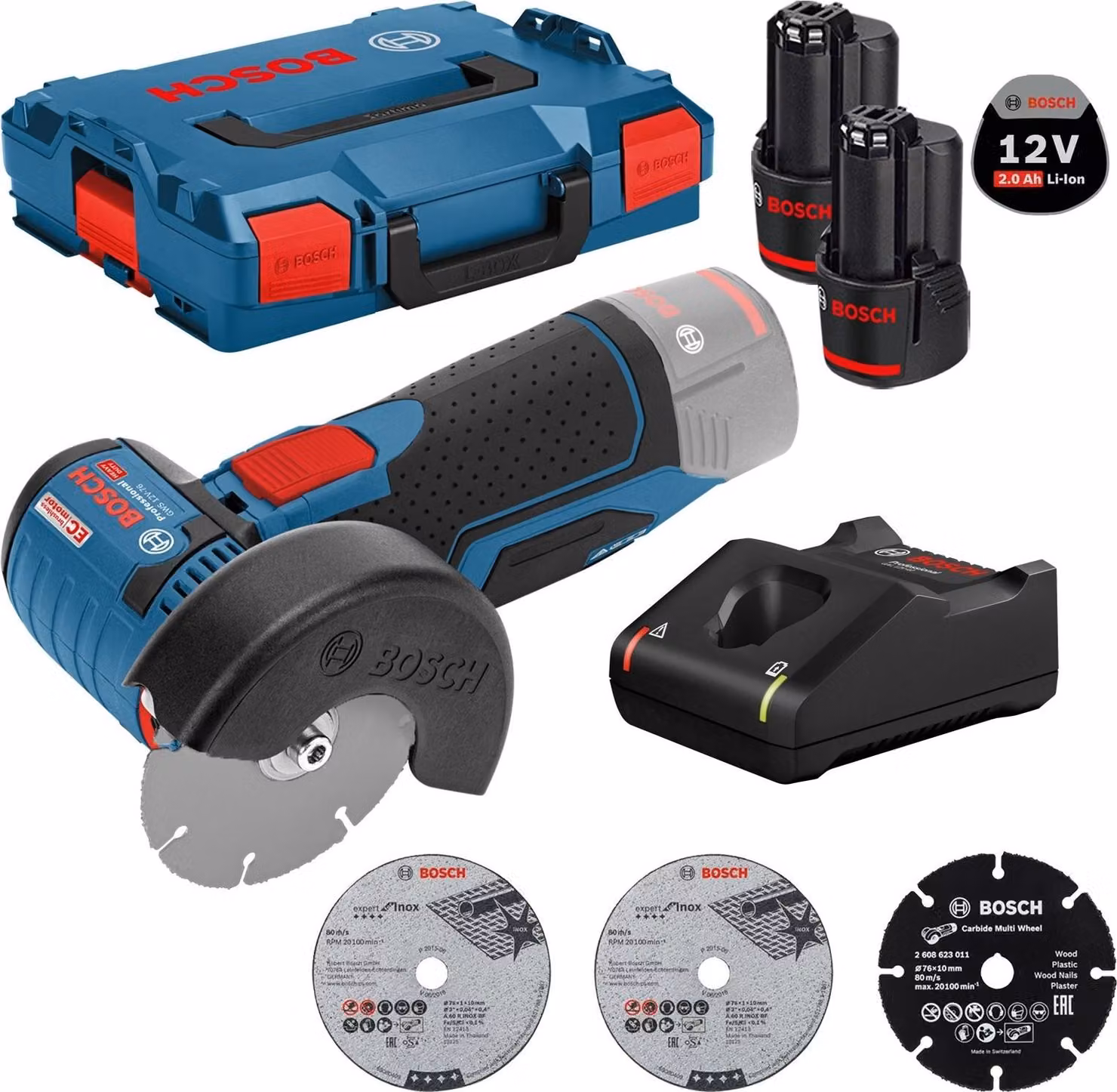 Smerigliatrice angolare a batteria Bosch GWS 12V-76 Ø 76 mm / 2x batteria 2,0 Ah + caricabatterie in L-Boxx