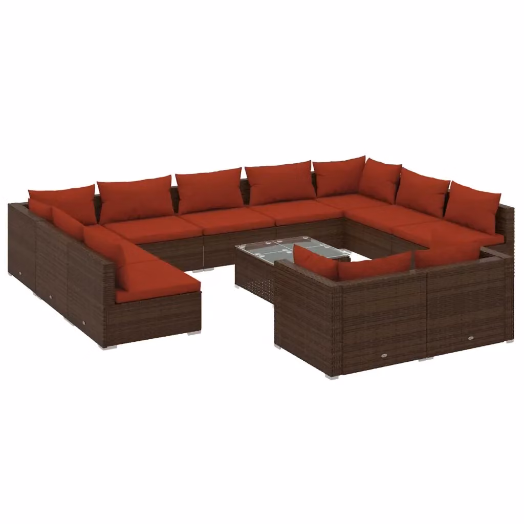 Set di divani da giardino vidaXL a forma di U con tavolo da caffè, composto da 12 pezzi in rattan marrone e rosso con cuscini inclusi e coperture rimovibili – 2