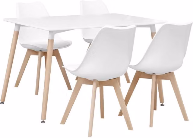 Set tavolo da pranzo rettangolare e 4 sedie Sweeek in stile scandinavo, colore bianco con gambe in legno di faggio, L: 120 cm, H: 75 cm