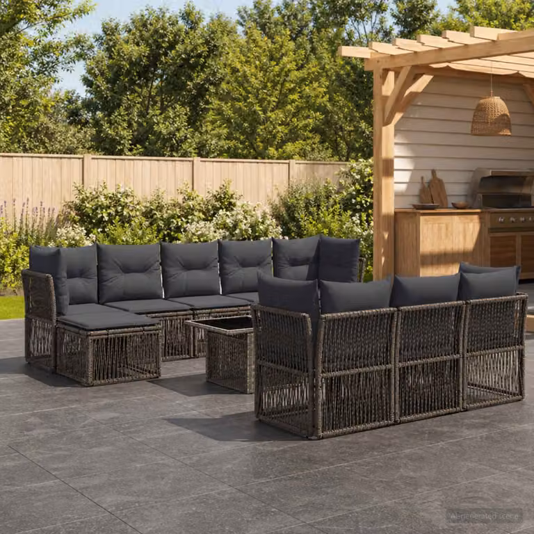 Set Divano da Giardino vidaXL 11 pz in Polyrattan Grigio con Tavolino e Cuscini a Forma di U