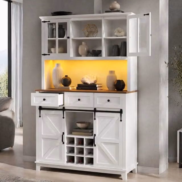 Mobile colonna Mivray per cucina e soggiorno in MDF bianco con ante in vetro, illuminazione integrata e portabottiglie, L/P/H: 105 x 38.4 x 180 cm – 1