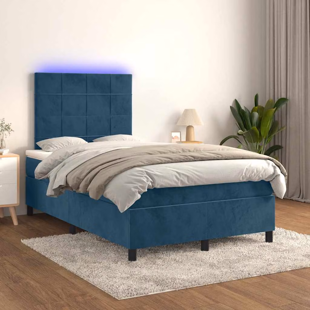 Letto Ibrido vidaXL con Materasso, Illuminazione LED Sotto il Letto e Porte USB, Rivestimento in Velluto Blu e Bianco, L/P/H: 120 x 200 x 203 cm – 1