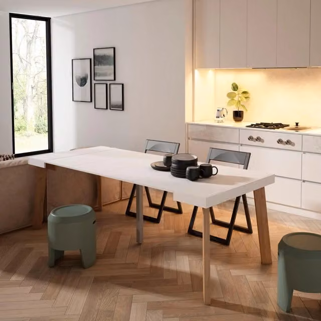 Consolle allungabile, 222x90x73cm, Per 10 persone, Gambe in legno, Bianco RF3061