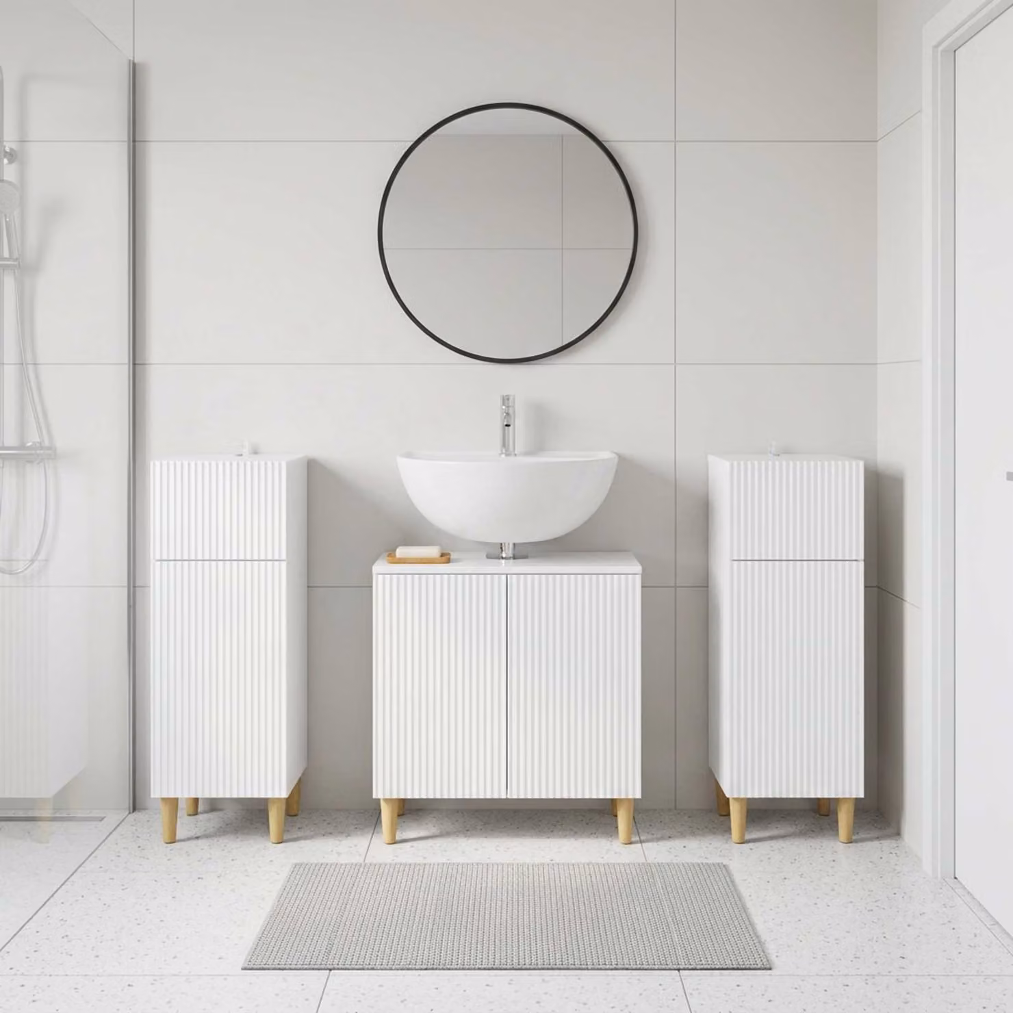 Set di mobili da bagno vidaXL ARNHEM in 3 pezzi, bianco lucido, con mobile lavabo e armadietti laterali