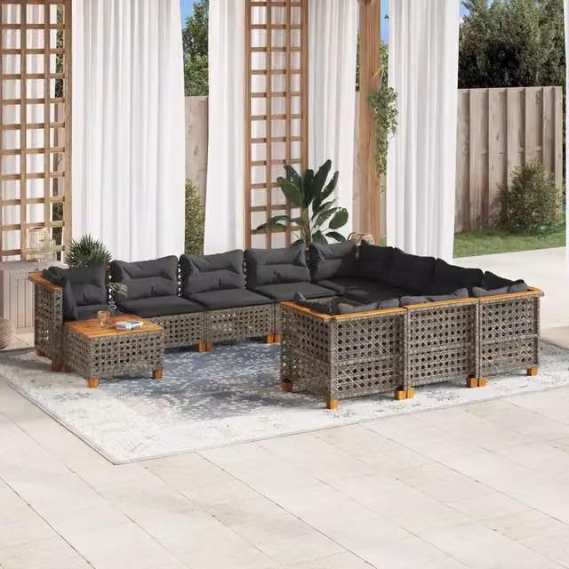 Set di Divani da Giardino vidaXL in Polyrattan Grigio con Cuscini e Tavolino da Esterno a Forma di U composto da 11 Pezzi