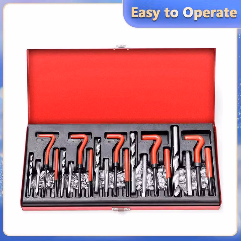 Kit di riparazione filetti - Set di 131 pezzi per la riparazione di filetti, completo di inserti Helicoil - filetti M5, M6, M8, M10, M12 - include trapano a spirale e maschio filettatore