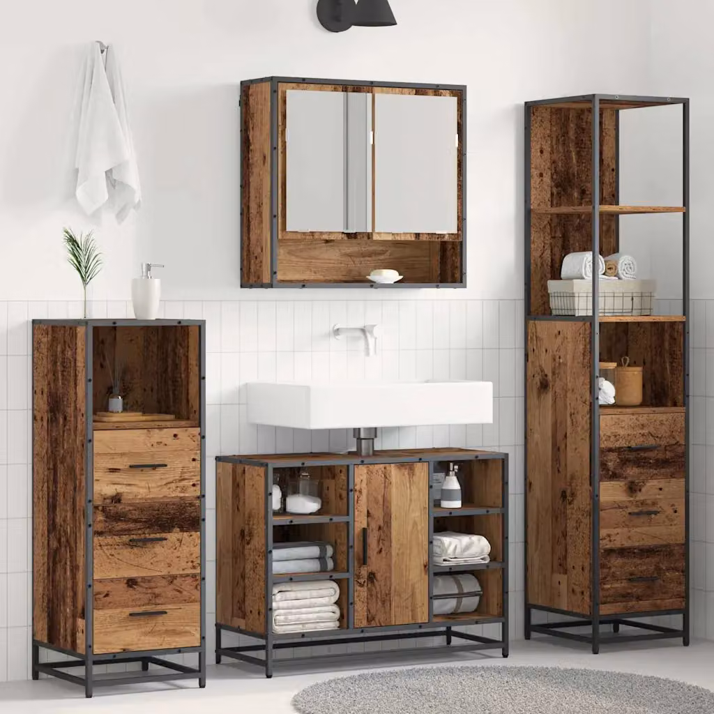 Set di mobili per il bagno vidaXL 4 pezzi in legno e metallo marrone moderno L/P/H: 80 x 33 x 166 cm – 1