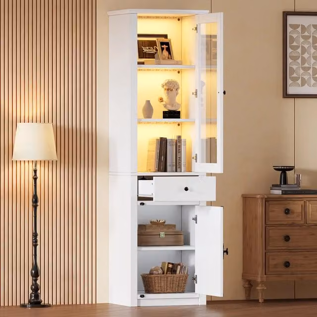 Vetrina alta LED con 2 ante, 1 cassetto e 5 ripiani, per soggiorno, in pannello truciolare bianco, 55 × 40 × 200 cm
