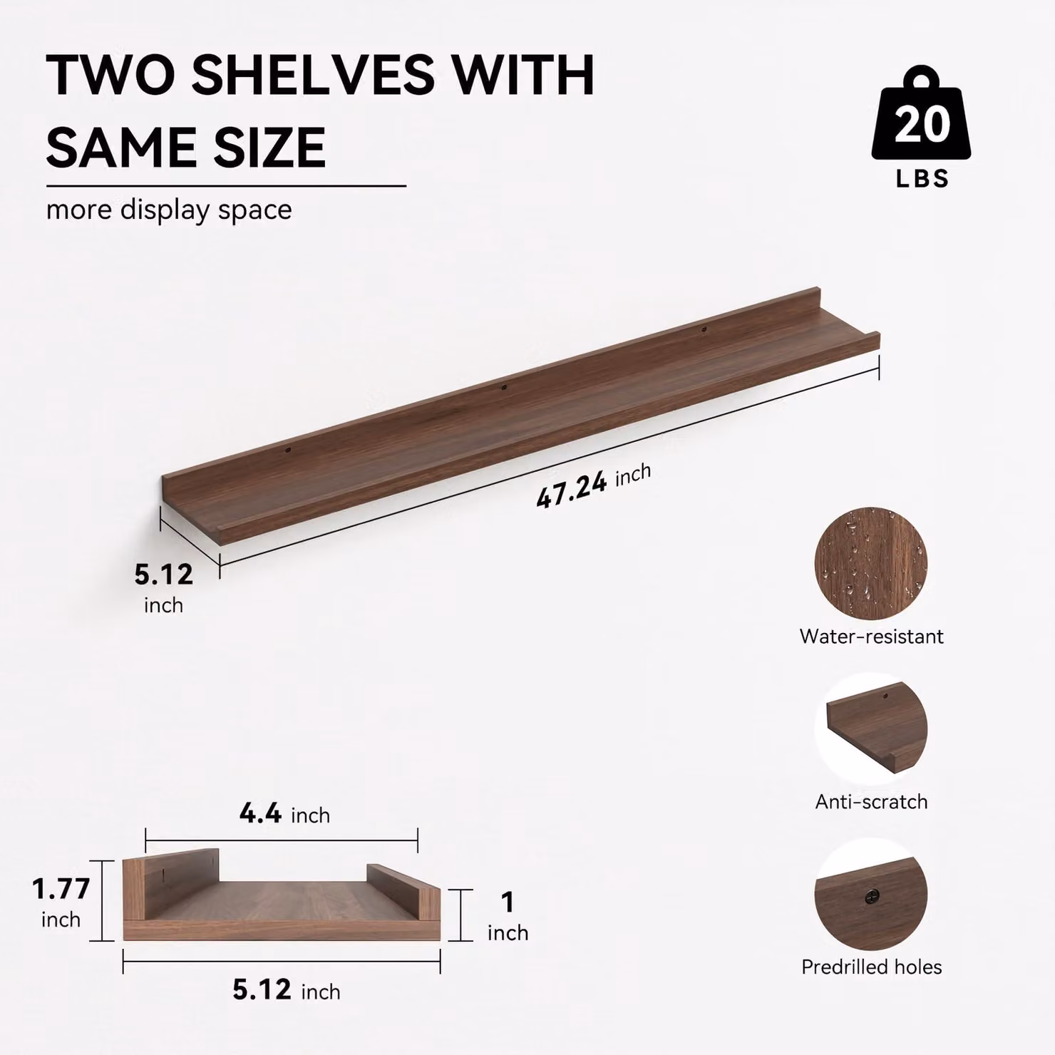 Mensole a parete in legno di noce, set da 2, 120 cm, ideali per soggiorno e cucina