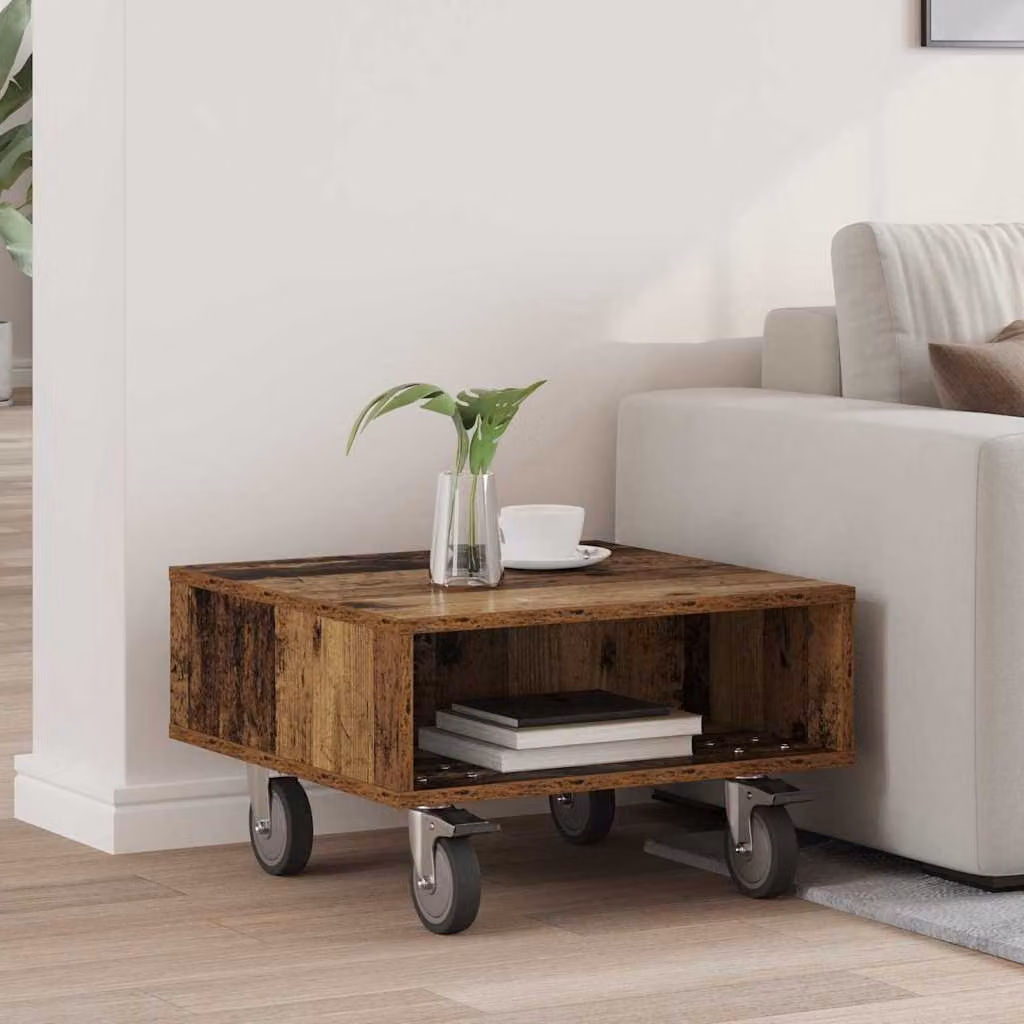 Tavolino con ruote vidaXL in legno effetto vecchio marrone L 50,5 cm x P 50 cm x H 30 cm