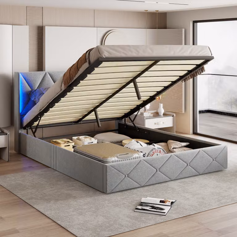 Letto imbottito CDGlobal 140x200cm con rete a doghe, letto a molle idrauliche con contenitore, letto matrimoniale con testata contenitore e LED, lino, grigio