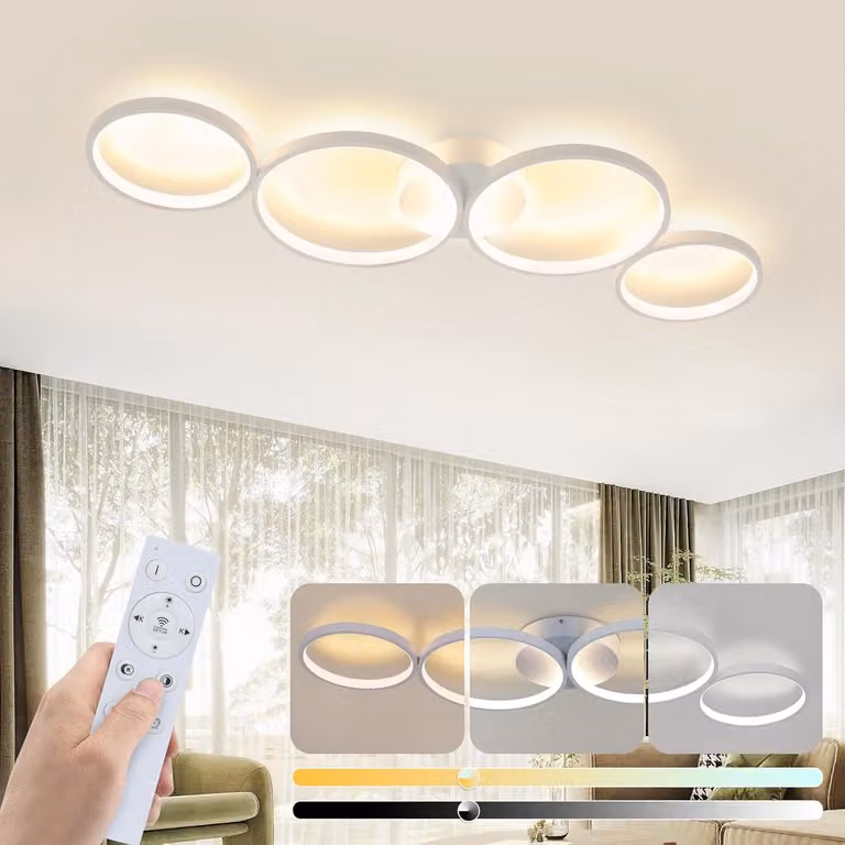 ZMH Lampada da soffitto a LED bianca dimmerabile con telecomando, design moderno a 4 fasci luminosi in ottica circolare, lampada da soffitto rotonda da 55 W
