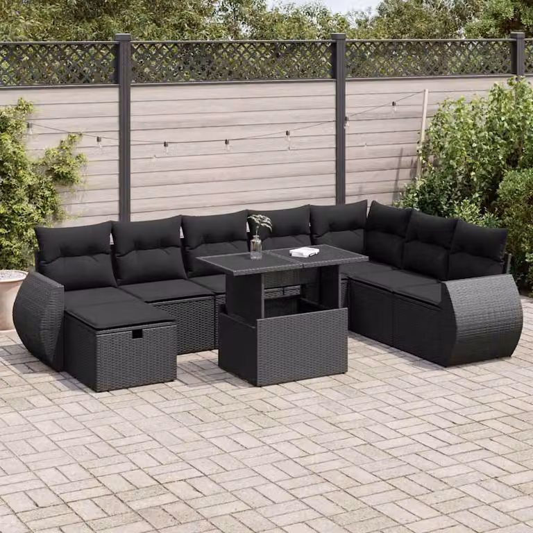Set Divani da Giardino vidaXL 9 pz in Polyrattan Nero con Cuscini e Tavolino