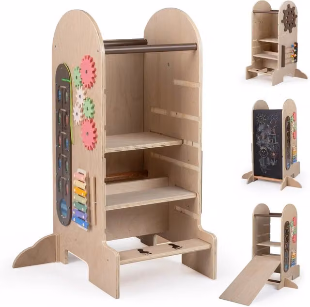 Torre Montessori 5 in 1 per bambini in legno con scala regolabile, scivolo, lavagna e sgabello, design scandinavo beige e marrone, H: 90.0 cm, L: 72.5 cm, P: 59.5 cm
