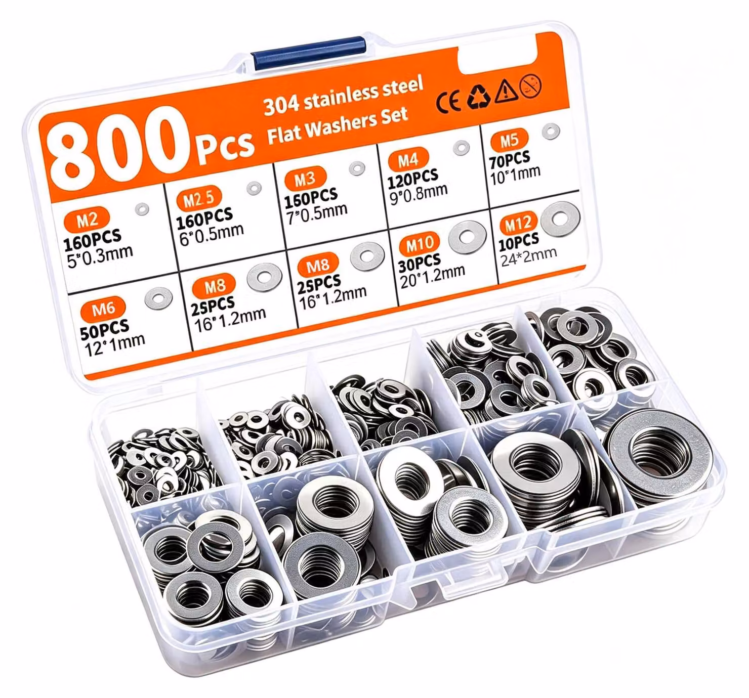 Set di rondelle di acciaio inossidabile, 800 pezzi, in 9 diverse misure da M2 a M12, per l'officina