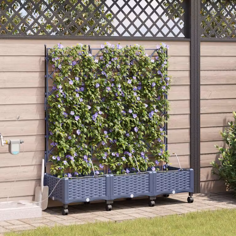 Set di 3 vasi da giardino con irrigazione e ruote vidaXL, colore grigio, in plastica
