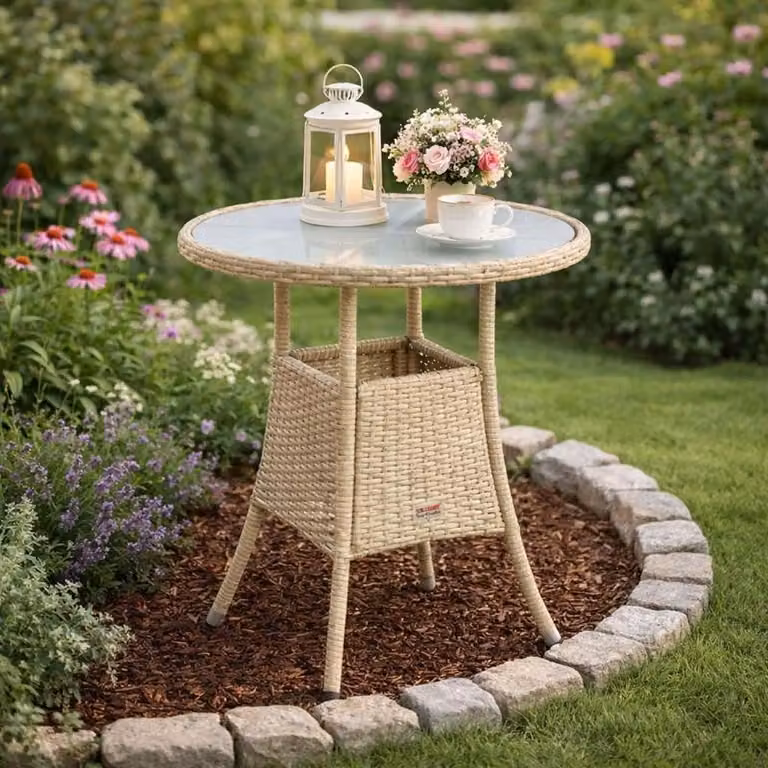 Tavolino da giardino in polyrattan Tavolo da balcone in rattan Rotondo Beige
