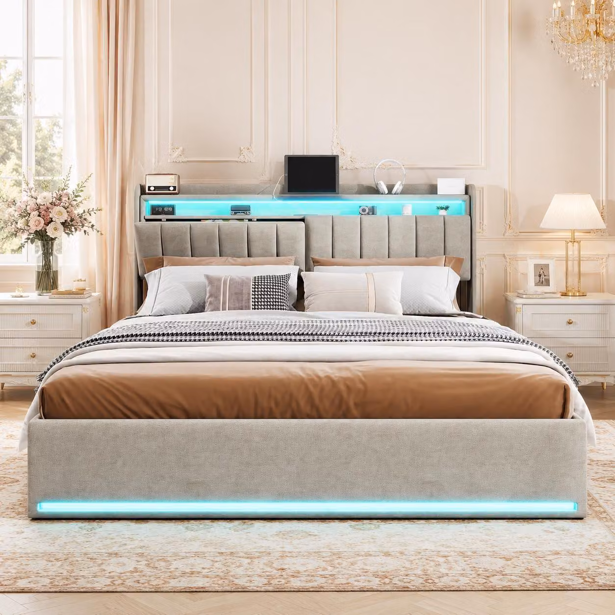 Letto imbottito INONEFT 160x200 cm con sistema di sollevamento idraulico e spazio contenitore, letto a molle con LED e porta USB di tipo C, letto matrimoniale per giovani con rete a doghe e contenitore, rivestito in velluto grigio