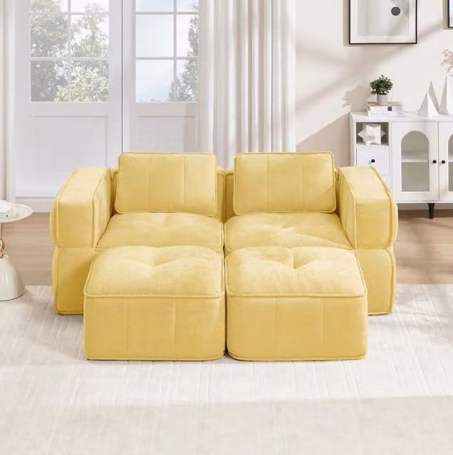 Divano modulare in poliestere giallo con schiuma 32D; 198 x 162 x 67 cm